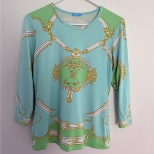 J. McLaughlin Aqua and Lime Long Sleeve Top